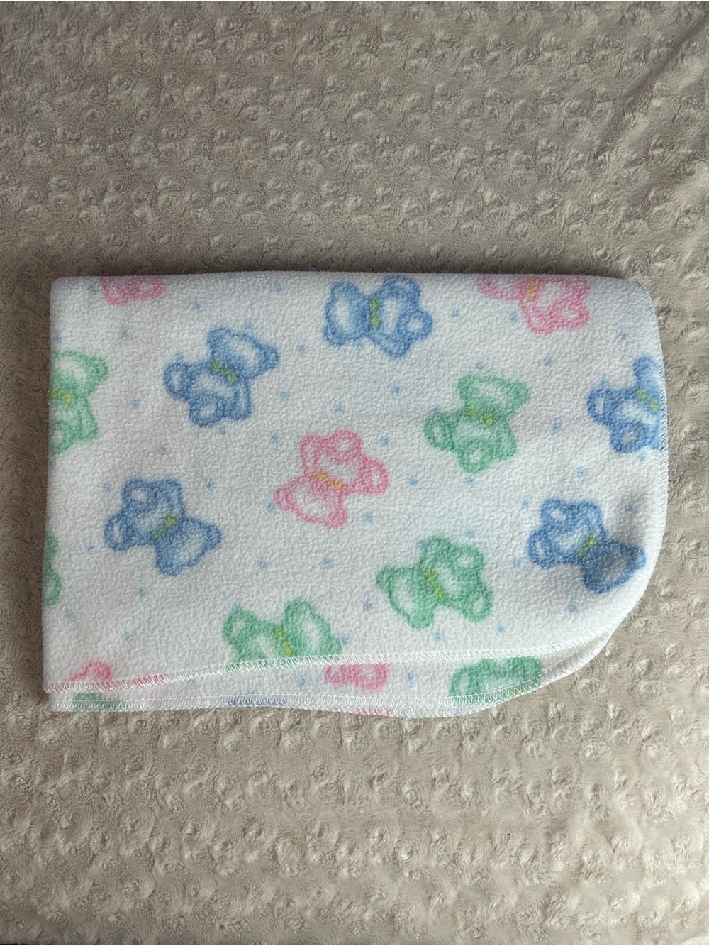 Vintage Springmaid Teddy Bear Baby Blanket Pink Green White Blue Polka Dots